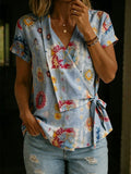 Women's Vintage Ethnic Floral Print Casual Cross-over Tie Neck Top