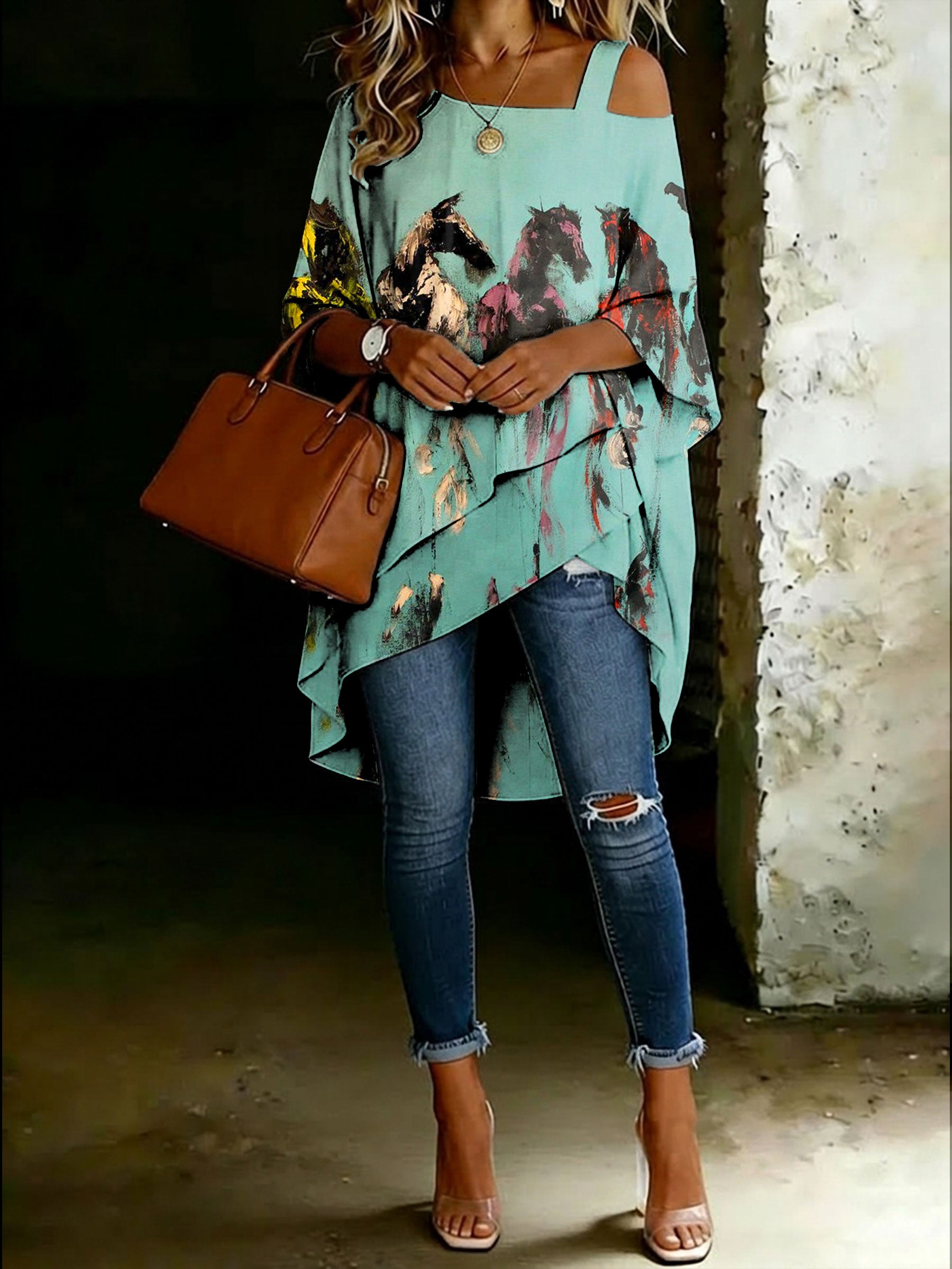 Women's Horse Painting Print Cold Shoulder Asymmetrical Hem Blouse