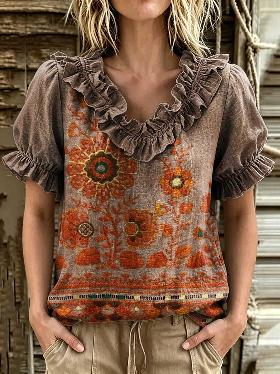 Women's Ethnic Floral Print Ruffle V-Neck Puff Sleeve Top