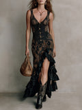 Silk Blend Boho Maxi Dress With Ruffled Hem And Front Button Detail