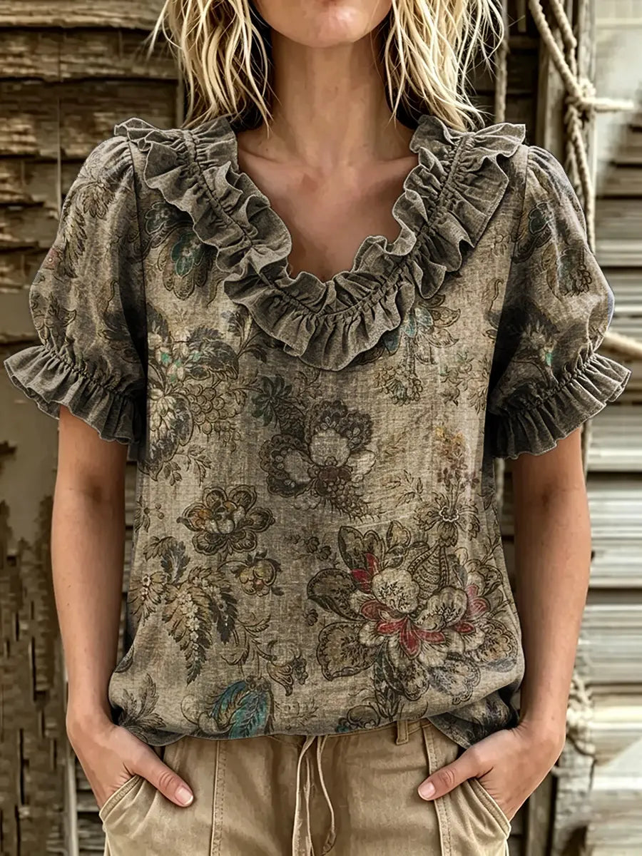 Women's Vintage Floral Print Ruffle V-Neck Puff Sleeve Top