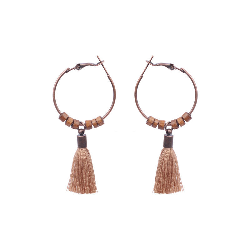 Women's Bohemian Retro Geometric Round Wooden Bead Earrings