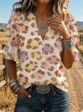 Women's Retro Leopard Floral Puff Sleeve Casual Shirt
