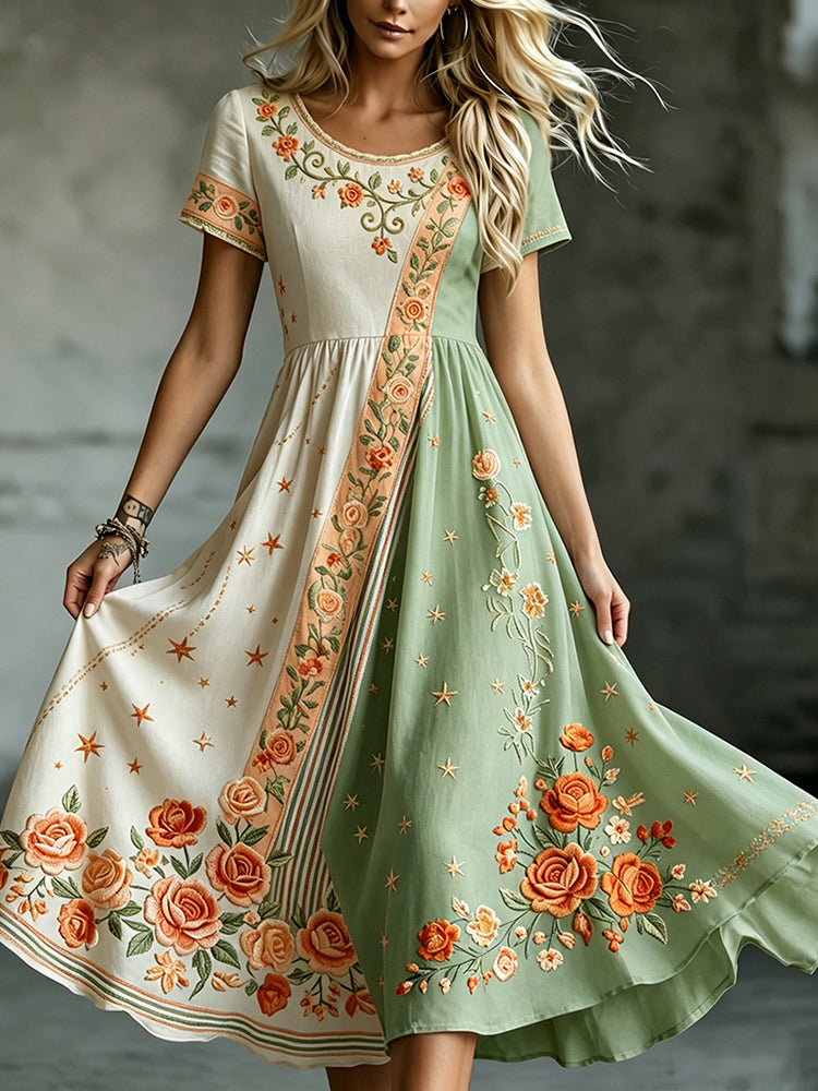 Women's Retro Bohemian Rose Irregular Casual Round Neck Dress