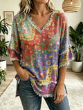 Women's Bohemian Floral Wave Patchwork Art Print V-neck Tasseled Cotton Top