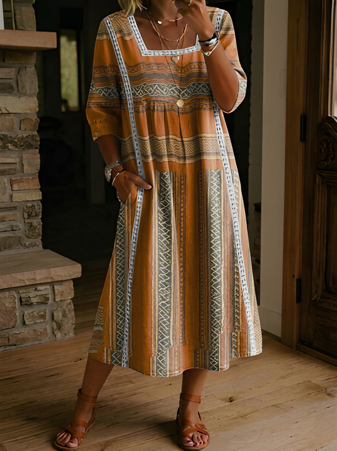 Women's Folk Printed Square Neck Hollow Cotton Pocket Dress