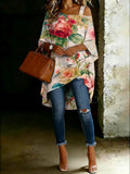 Women's Vintage Floral Cold Shoulder Asymmetrical Hem Blouse