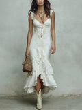 Lace And Striped Cotton Blend Mermaid Dress With Ruffles And Button Front