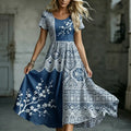 Women's Retro Japanese Cherry Blossom Patchwork Art Pattern Casual Dress