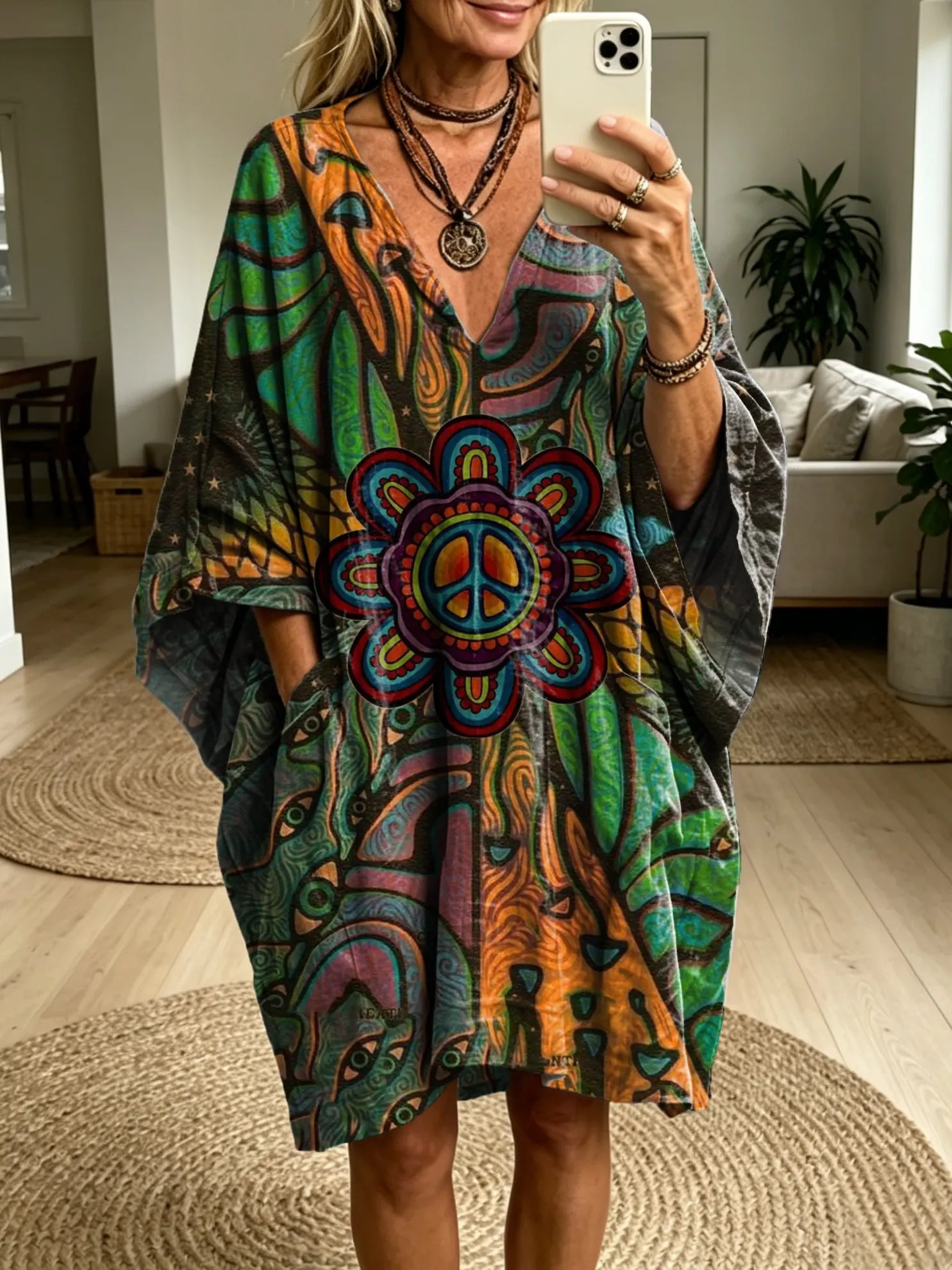 Women's Retro Hippie Floral Patchwork Art Print Casual Fashion Batwing Sleeve Dress