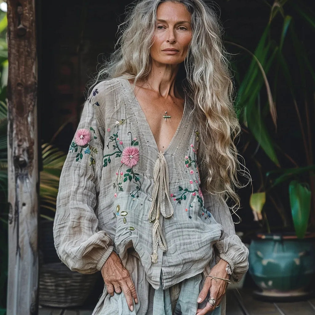 Women's Linen Bohemian V-neck Long-sleeved Shirt