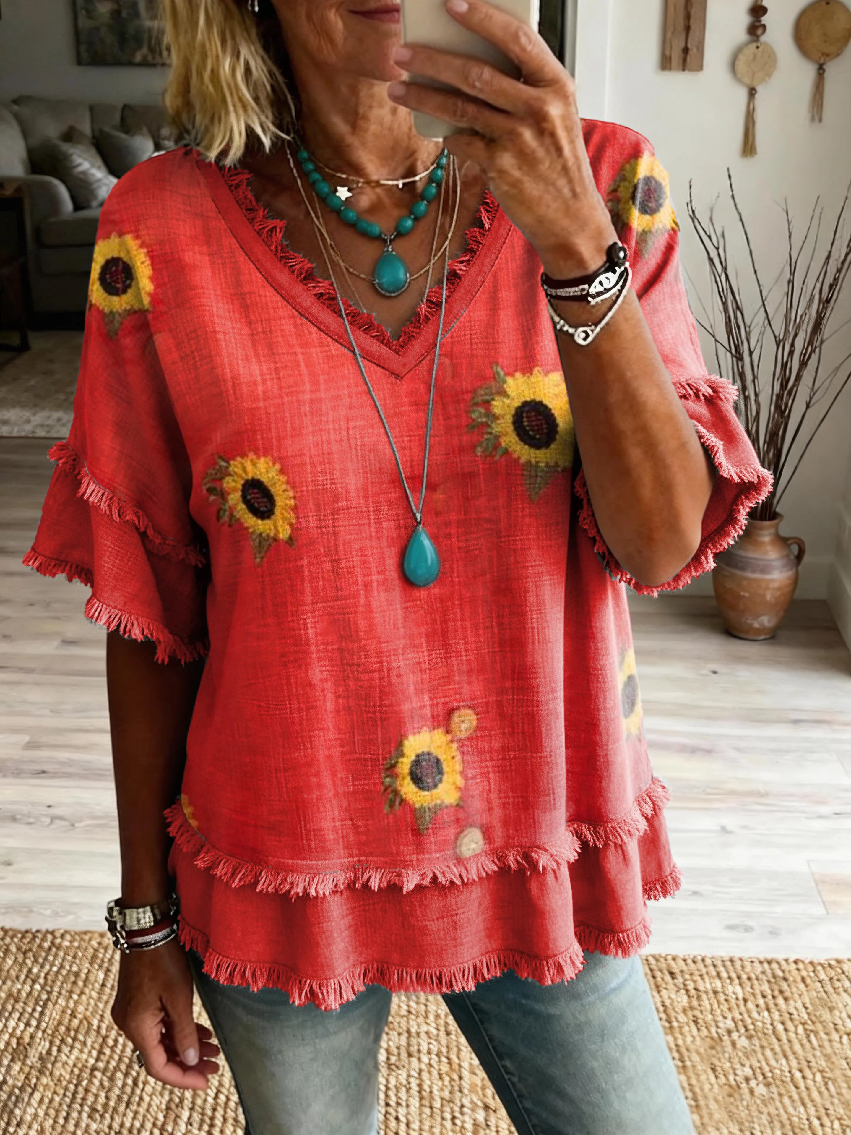 Women's Bohemian Sunflower Art Print Casual V-Neck T-Shirt