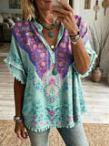 Women's Retro Colorful Ethnic Floral Art Print Casual Loose V-Neck T-Shirt