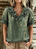 Women's Vintage Floral Print Ruffle V-Neck Puff Sleeve Blouse