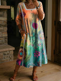 Women's Folk Printed Square Neck Hollow Cotton Pocket Dress