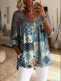 Women's Retro Ethnic Art Print Casual Three-quarter Sleeve Round Neck Hollow-out Top