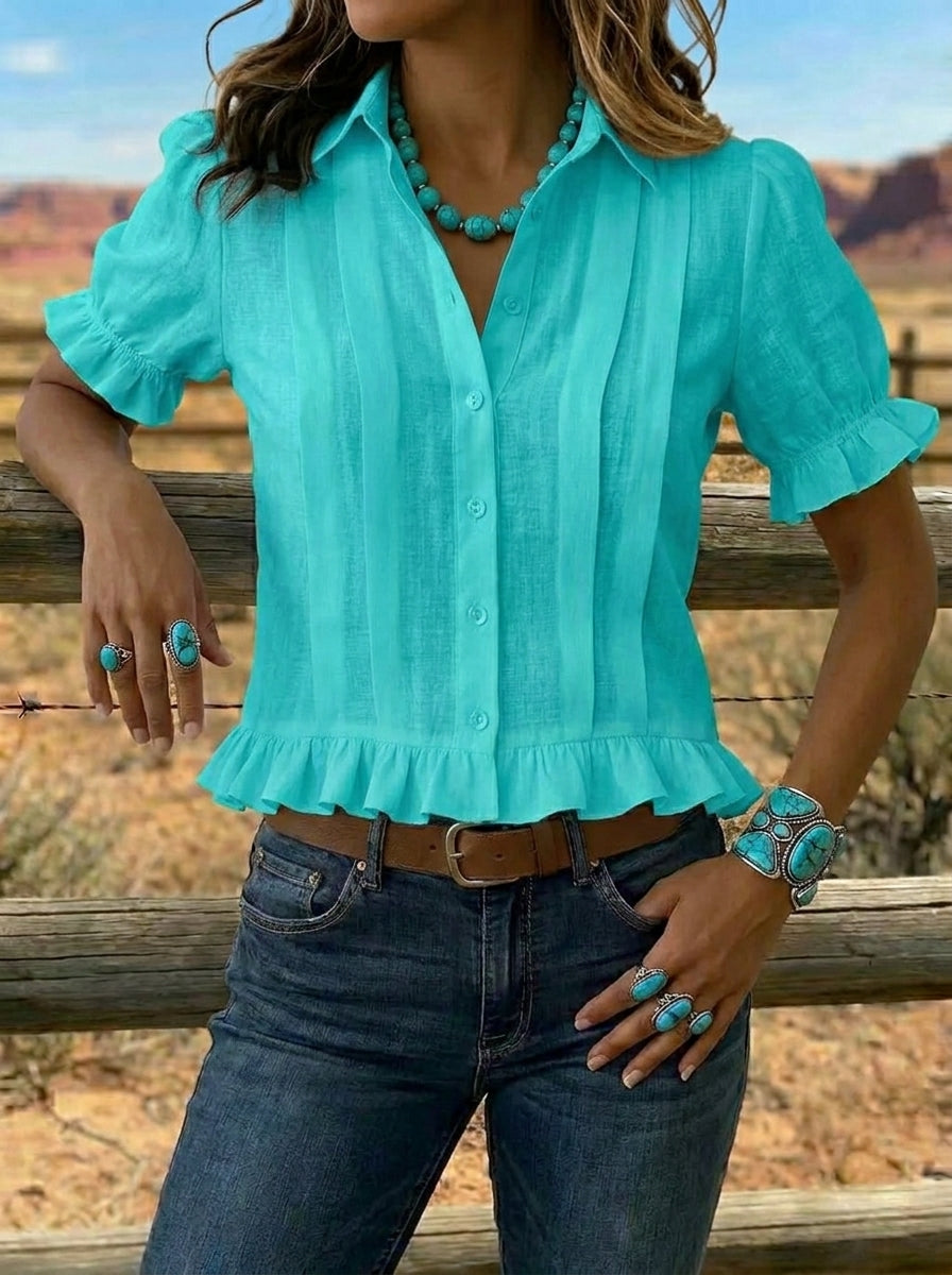 Women's Vintage Solid Color Lapel Puff Sleeve Ruffle Shirt