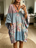 Women's Retro Patchwork Floral Art Print Batwing Sleeve Casual Fashion Dress