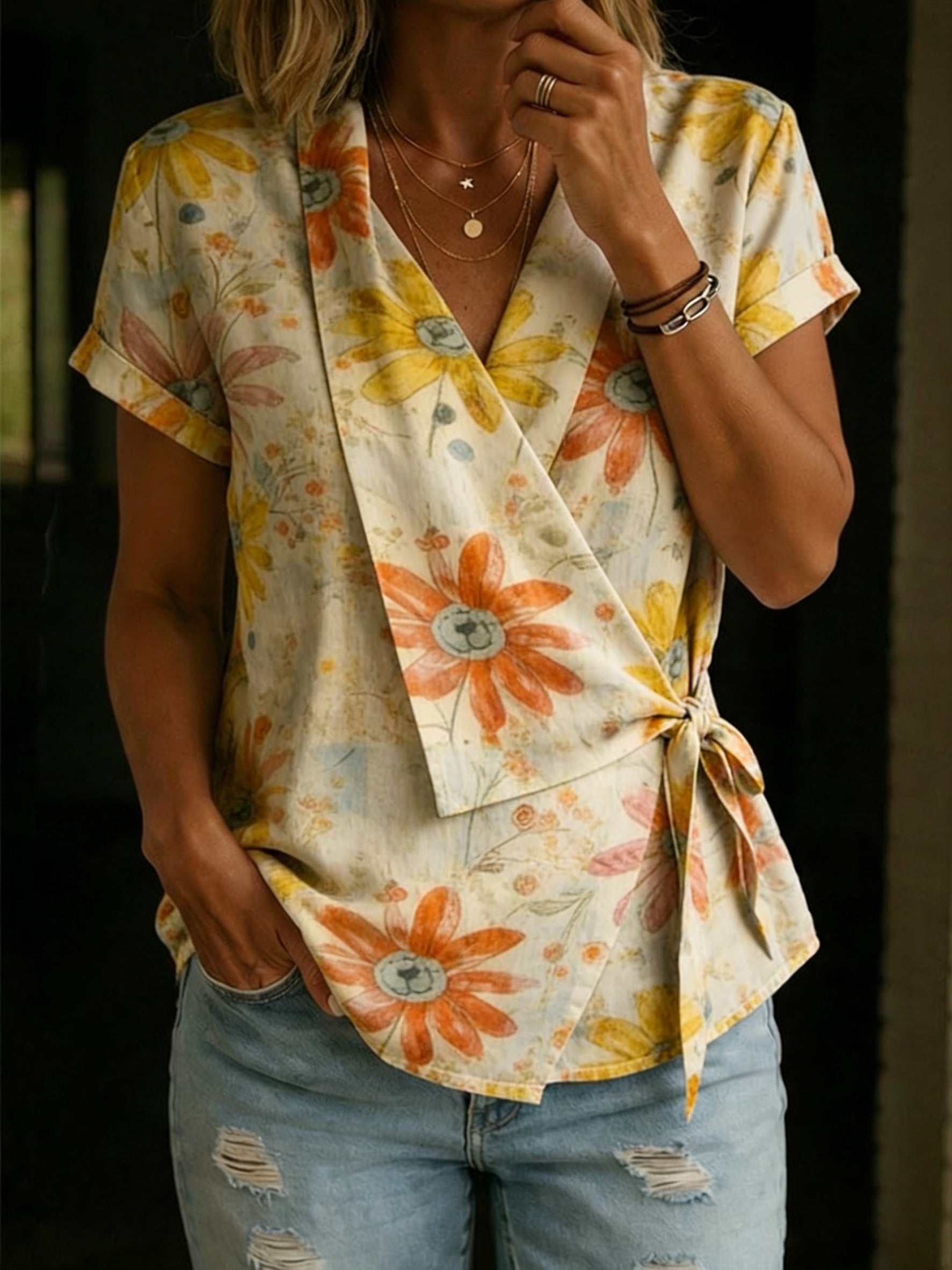 Women's Vintage Ethnic Floral Print Casual Cross-over Tie Neck Top