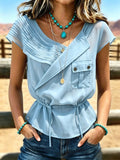 Women's Vintage V-neck Pleated Waist Patchwork Chiffon Casual Shirt