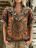 Women's Mandala Kaleidoscope Print Ruffle V-Neck Puff Sleeve Blouse