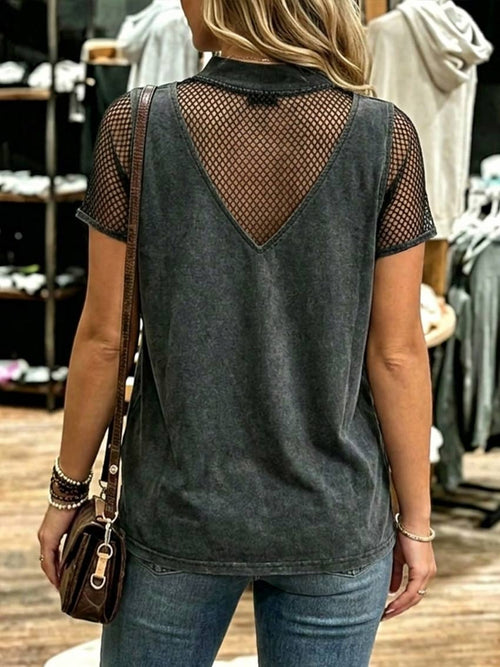 Boho Mock Neck Fishnet Inset Top