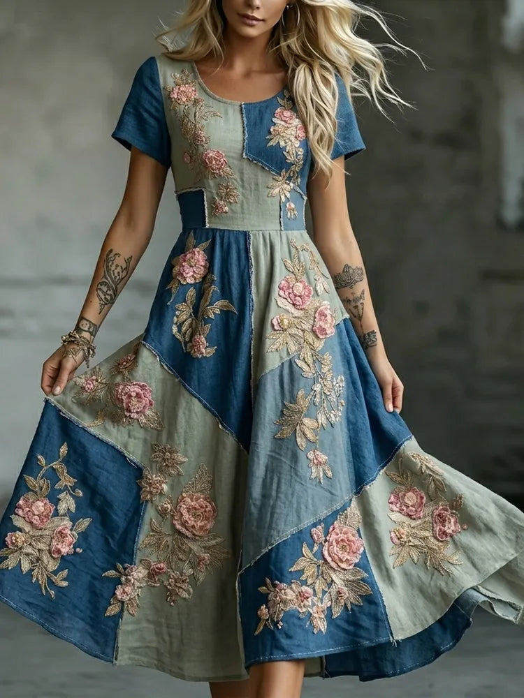 Women's Vintage Rose Color Block Pattern Casual Dress