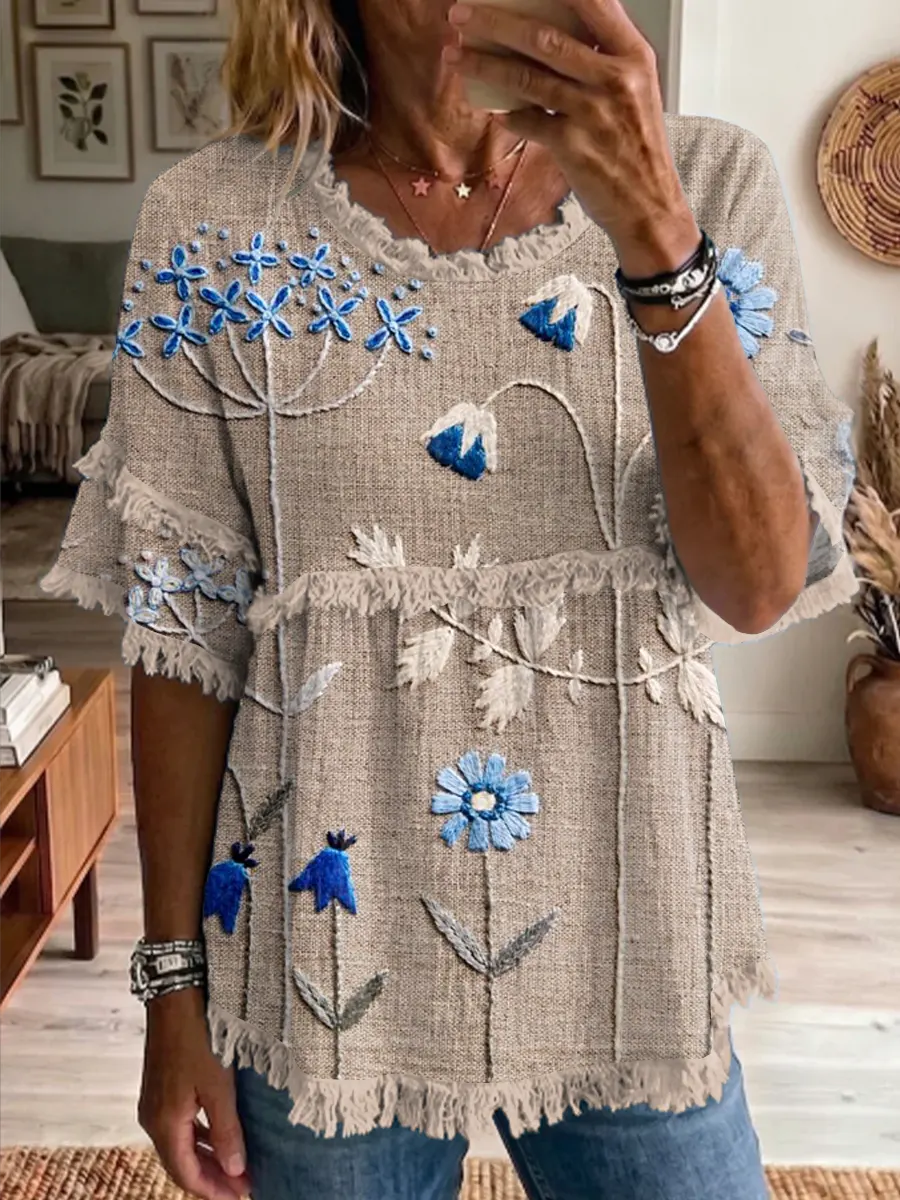 Ethnicity Bohemia Flowers Women's Art Casual Round Neck Linen T-shirt