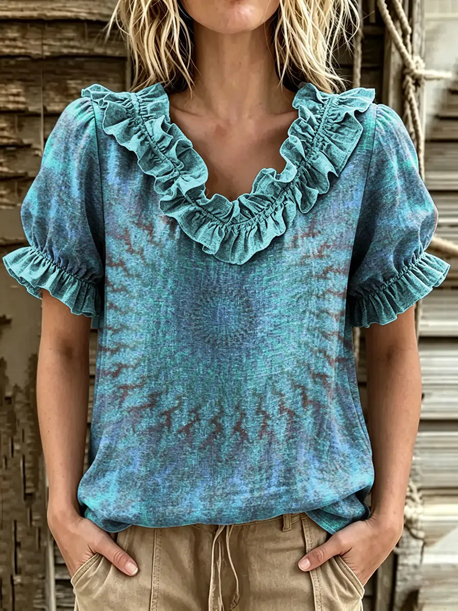Women's Tie Dye Gradient Print Ruffle V-Neck Puff Sleeve Top