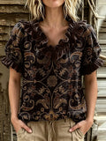 Women's Vintage Paisley Print Ruffle V-Neck Puff Sleeve Top