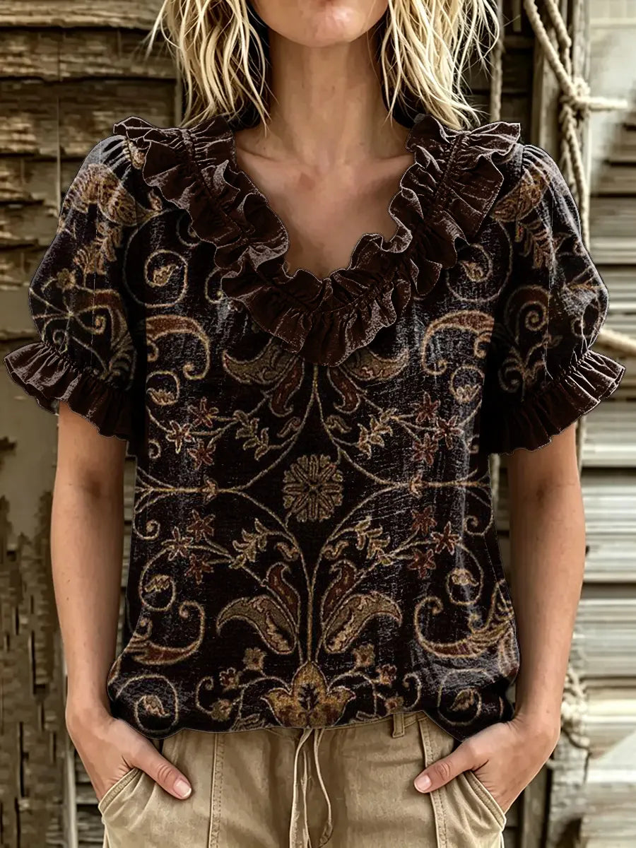 Women's Vintage Paisley Print Ruffle V-Neck Puff Sleeve Top