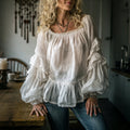 Women's Elegant, Loose, Comfortable, Slightly Sheer, Breathable, Pleated Linen Square Neck Puff-sleeved Top