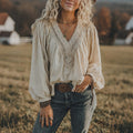 Outdoor Retro V-Neck Loose Comfortable Long-Sleeve Linen T-Shirt Top