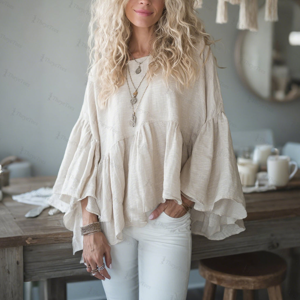 Women's Elegant, Loose-fitting, Comfortable, Breathable Linen Round Neck Flared Sleeve Long-sleeved Top